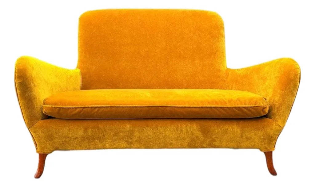 Italian Mid-Century Modern Sculptural Wing Arm Loveseat | Restored in Saffron Velvet | C. 1950s