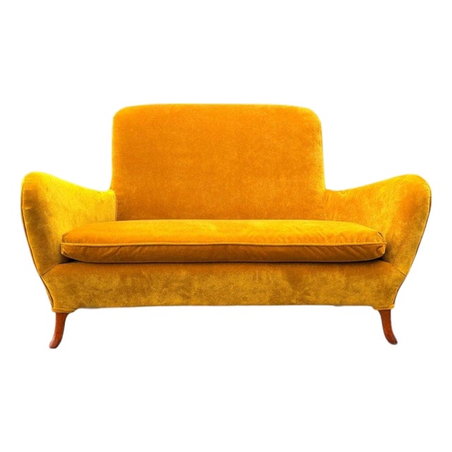 Italian Mid-Century Modern Sculptural Wing Arm Loveseat | Restored in Saffron Velvet | C. 1950s For Sale
