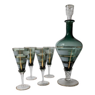 Vintage Italian Blue Murano Glass Liqueur Decanter Glasses with Hand Painted Gilt Details, 1950s, Set of 5 For Sale