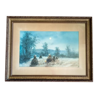 19th Century American Pastel Moonlit Nocturne Pastural Landscape With Haystacks For Sale