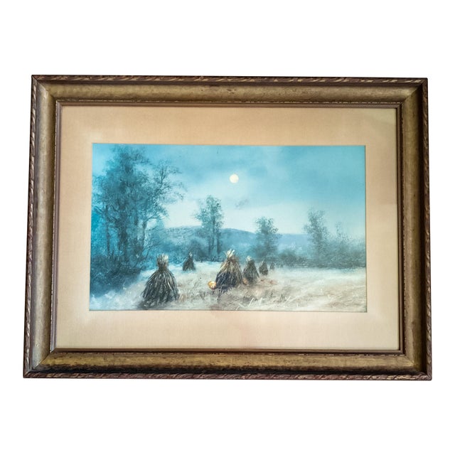 19th Century American Pastel Moonlit Nocturne Pastural Landscape With Haystacks For Sale
