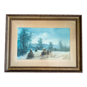 19th Century American Pastel Moonlit Nocturne Pastural Landscape With Haystacks