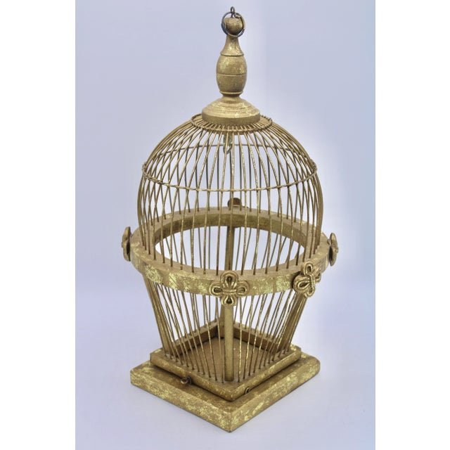 Italian Mid Century Italian Golden Gilt Wood and Metal Wire Bird Cage For Sale - Image 3 of 11