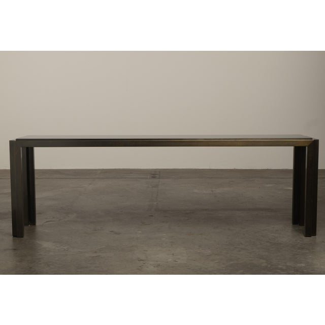 Ultra cool 1960s low and long console table. Get your metallic vibe… Metal construction and finished in dark gunmetal tone...