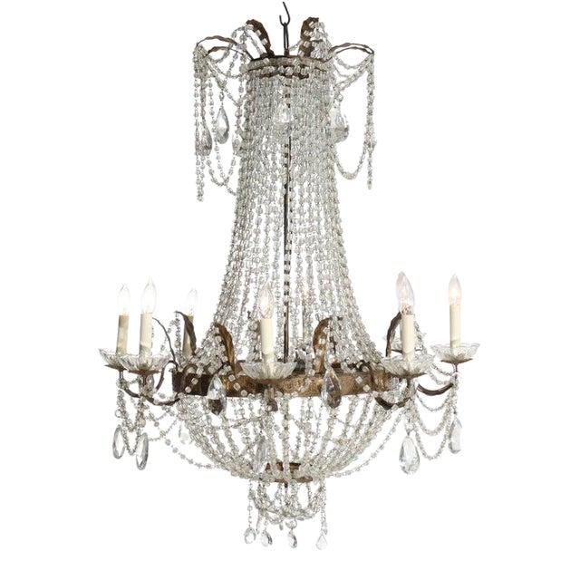 Large Antique French Empire Inspired Crystal & Bronze 8-Light Chandelier C1930 For Sale