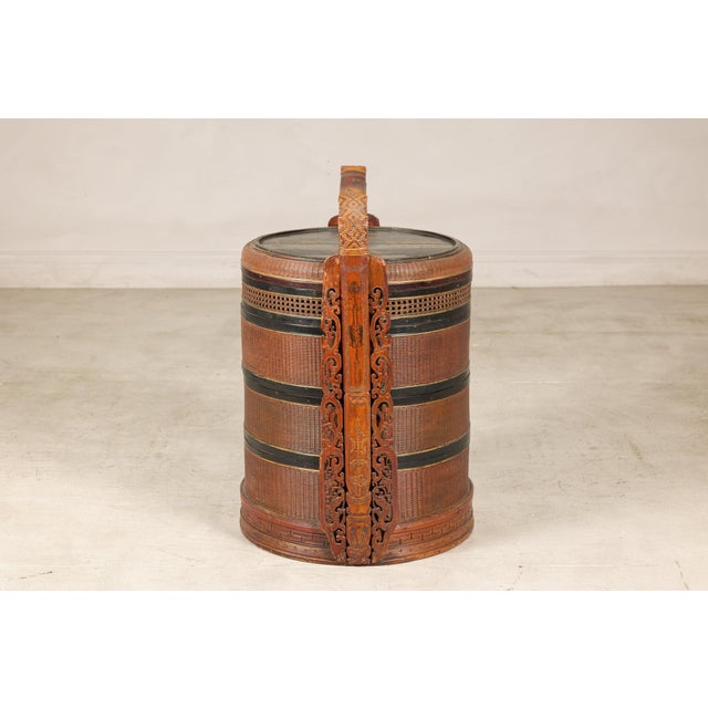 Mid 20th Century Vintage Chinese Rattan Wedding Basket with Carved Handle and Nested Containers For Sale - Image 5 of 18
