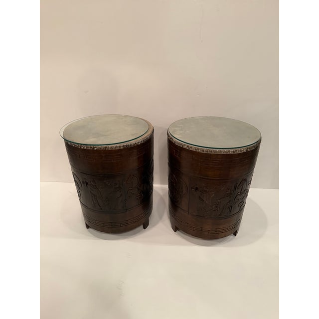 Tribal Carved Wood Drum End Tables -a Pair For Sale - Image 3 of 13