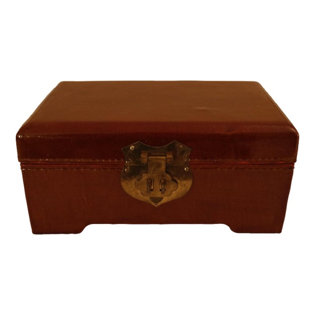 Genuine Leather Vintage Chinese Box With Brass Hardware and Black Silk Lining For Sale