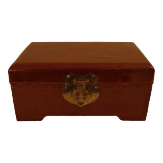 Leather Chinese Box With Brass Hardware and Black Silk Lining For Sale