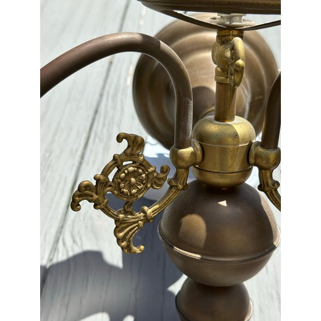 1930s Vintage 3 Light Brass Wall Sconce With Vianne Gas/Electric Shades For Sale - Image 5 of 12