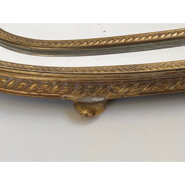 Metal Antique French Style Ormolu Vanity Mirror Tray With Etched Filigree Handles For Sale - Image 7 of 11
