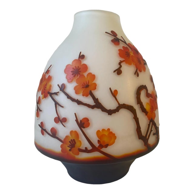 Early 20th Century High Relif French Art Glass Flower Cameo Vase For Sale