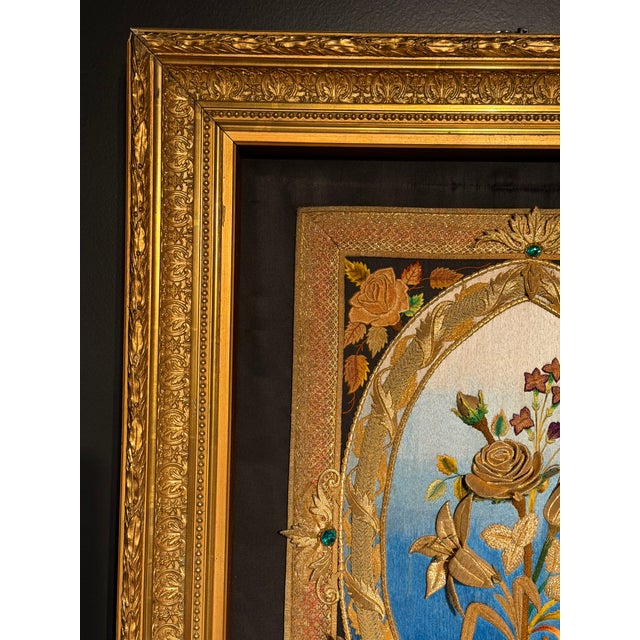 Traditional Antique 19th Century Spanish Silk & Gold Bullion Embroidery Memorial Silkwork Art For Sale - Image 3 of 5