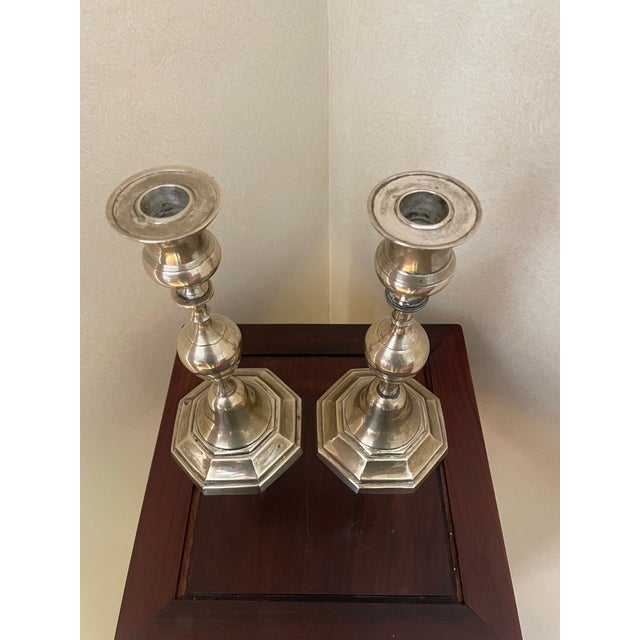 Queen Anne Pair of Silvered Candle Sticks For Sale - Image 3 of 5