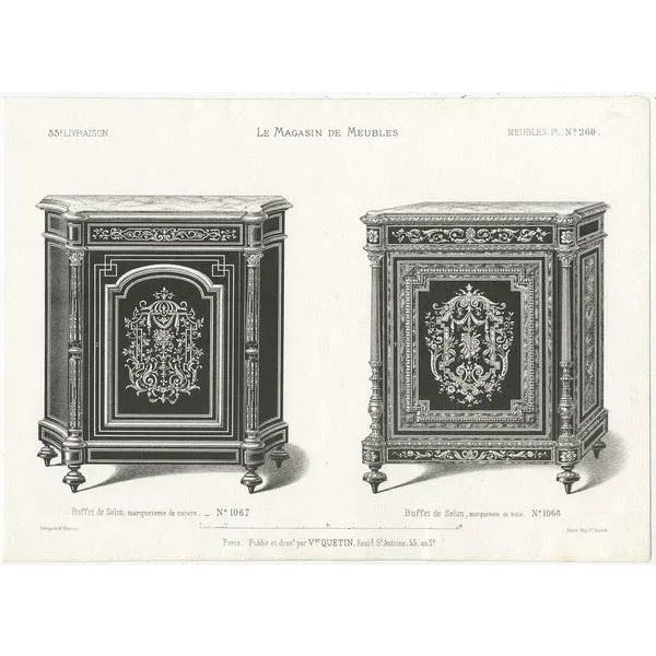 Set of three antique furniture prints depicting various buffets and a vitrine. These prints originate from 'Le Magasin de...