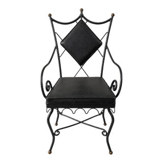 1950s Rare Samuel Copelon Iron Accent Armchair With Diamond Back and Brass Finials For Sale