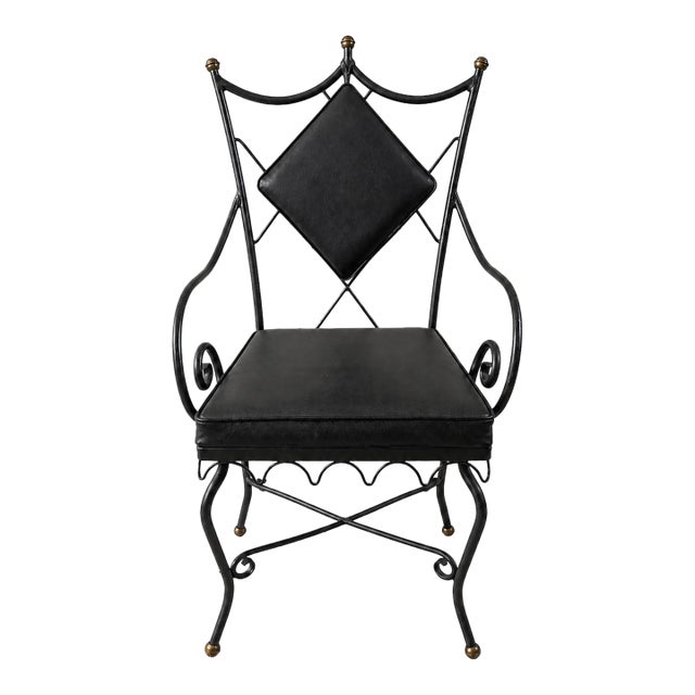 1950s Rare Samuel Copelon Iron Accent Armchair With Diamond Back and Brass Finials For Sale