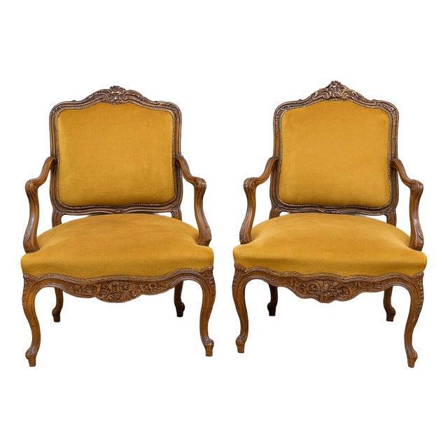 Louis XV Armchairs in Fully Carved Walnut, Set of 2 For Sale