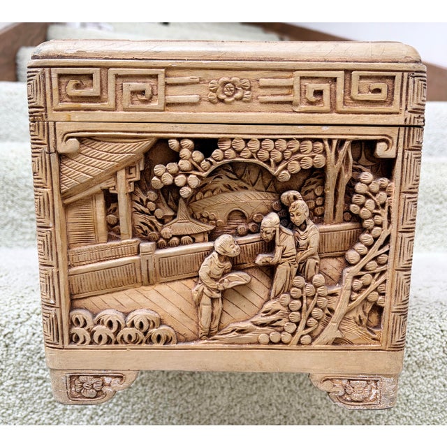 Chinese Antique 1920’s Hand Carved Wood Chest For Sale - Image 4 of 10