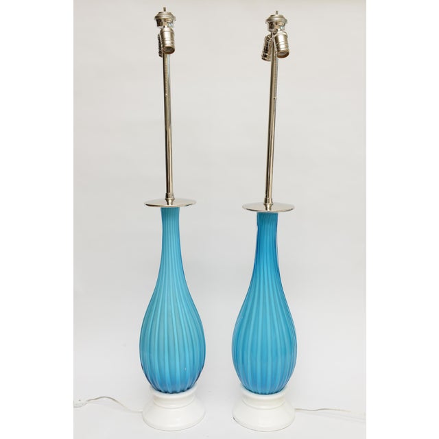 The Marbro Lamp Company 1950's Murano Seguso Turquoise Ribbed Glass Lamps With Nickel Silver for Marbro Lamp Co. For Sale - Image 4 of 10