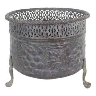 Vintage Claw Footed Pierced Brass Planter With Grape Motif Rope Edge For Sale