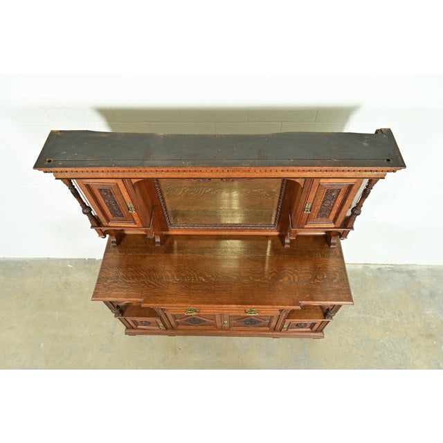 Wood Herter Brothers Style Antique English Victorian Carved Oak Mirrored Back Bar or Sideboard, Circa 1890s For Sale - Image 7 of 12
