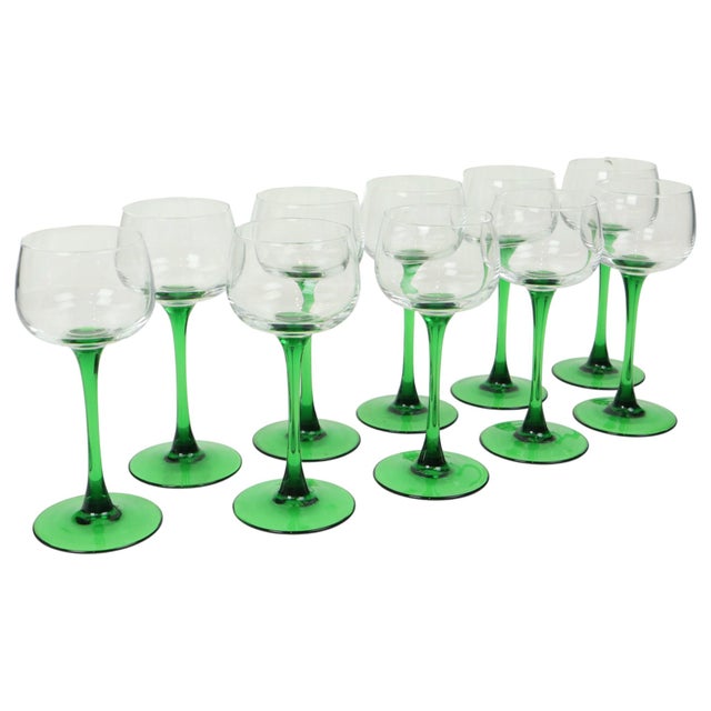 Vintage Luminarc Alsace Wine Glasses with Green Base, 1970s, Set of 10 For Sale - Image 6 of 14