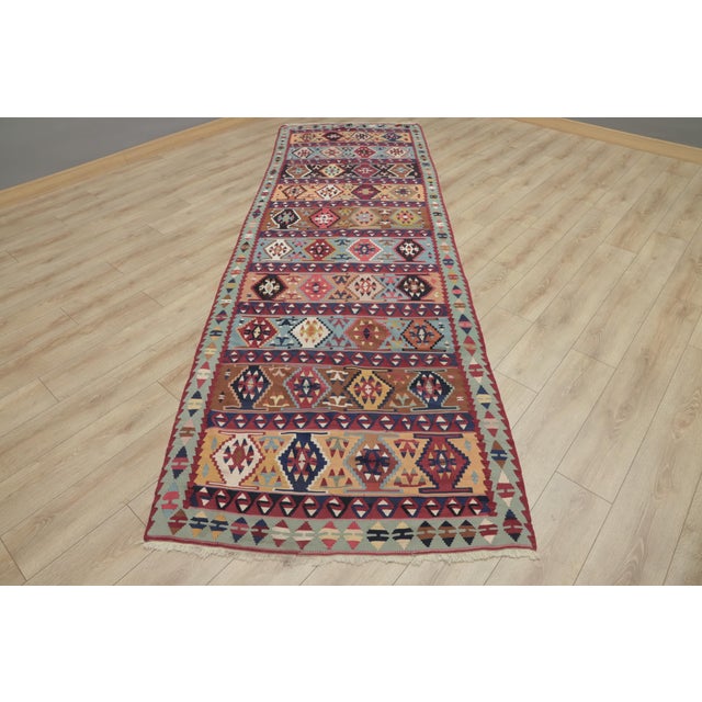 1970s Turkish Tribal Style Geometric Design Multicolor Hand Knotted Oushak Kilim Runner Rug For Sale - Image 13 of 13
