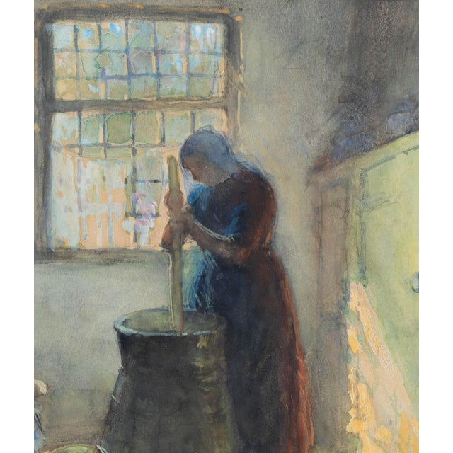 Dutch Genre Painting of a Peasant Woman Churning Butter, Hague School, by Bernard Blommers, circa 1890 For Sale - Image 3 of 16