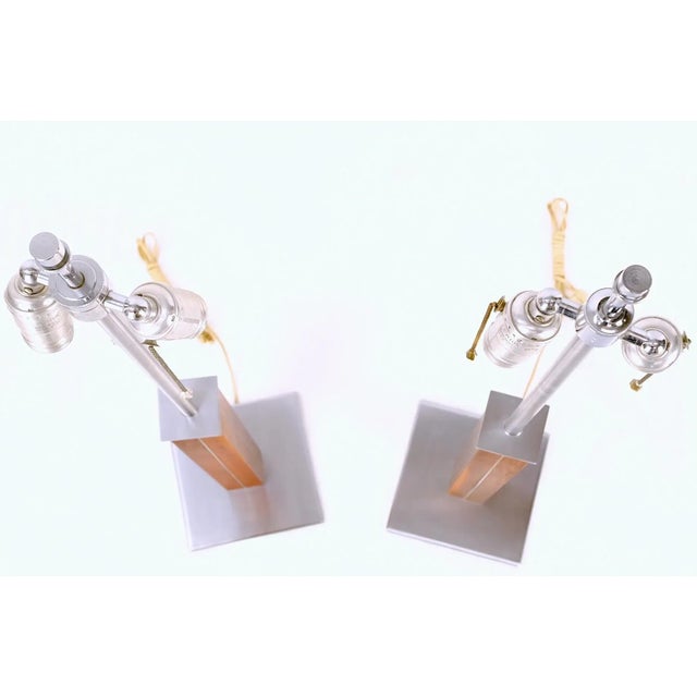 Pair Walter Von Nessen for Nessen Studios Walnut Inlaid Chrome Tower Table Lamp For Sale - Image 9 of 11