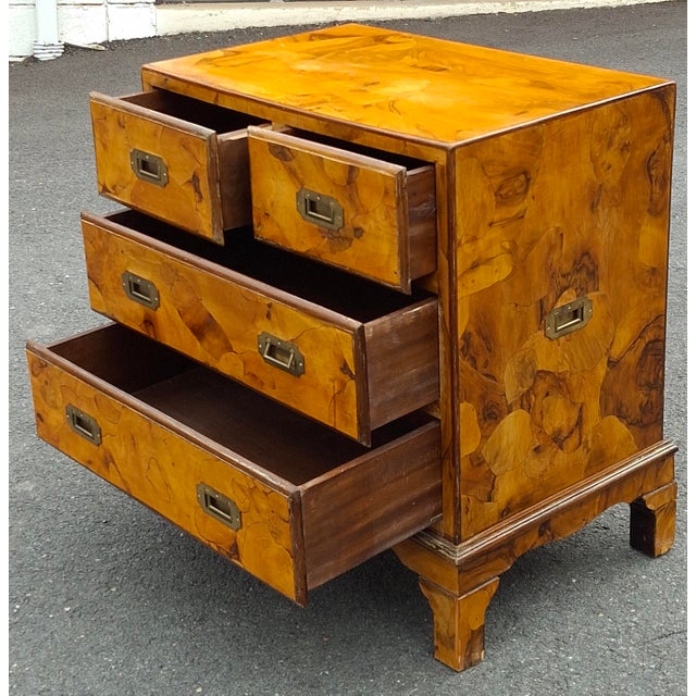 Mid 20th Century Burl Olivewood Italian Campaign Style Petite Four-Drawer Chest For Sale - Image 9 of 11