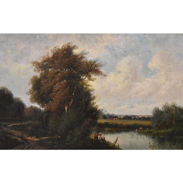 River Landscape with Fishermen, 19th Century, Oil Painting on Canvas, Framed For Sale - Image 3 of 12