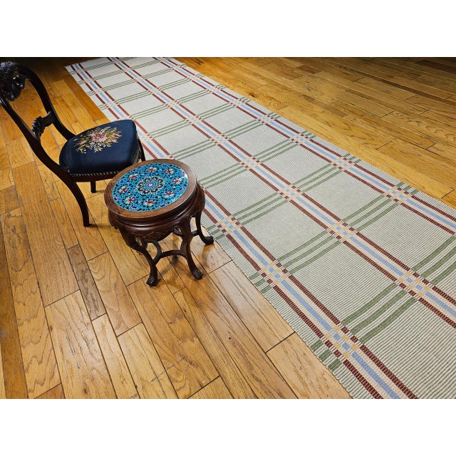 Late 20th Century Vintage American Runner, Flat-Woven Wool & Cotton, Allover Pattern, Green Stripes, 4x24 For Sale - Image 5 of 12