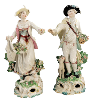 Dresden Shepherd and Shepherdess from Derby Porcelain, Early Duesbury Period, 1700s, Set of 2