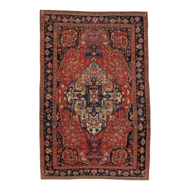 Antique Farahan Sarouk Handmade Oriental Rusty Red & Navy Blue Rug For Sale
