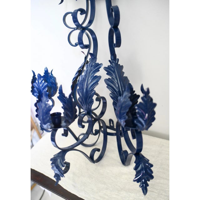 1960s Vintage Outdoor Porch Bretaine Navy Blue Reticulated Candelabra Candle Sconce For Sale - Image 9 of 11