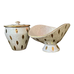 Mid 20th Century Aldo Londi for Bitossi Feather Plume Ceramic Marmalade Pot and Pedestal Bowl Set- 2 Pieces
