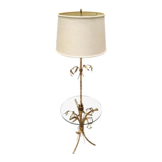 Midcentury French Style Gilt-Iron Floor Lamp With Glass Tray Table in Faux Bamboo - a Pair For Sale