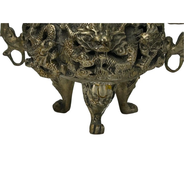 Vintage Bronze Color Metal Dragons Tri Legs Ding Incense Burner Art For Sale - Image 13 of 14