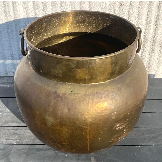 Vintage Boho Monumental Hammered Brass Rings Urn For Sale - Image 9 of 11