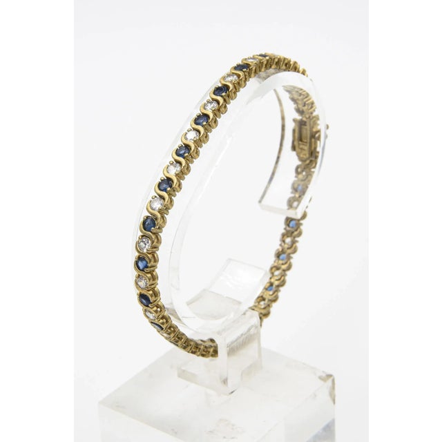 Modern Costume Sapphire and Diamond Tennis Line Gold Tone Bracelet For Sale - Image 3 of 8