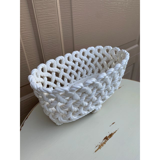 French Country Trompe l'Oeil Porcelain Rope Basket Cachepot For Sale - Image 4 of 11