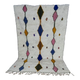 Azilal Ivory Diamond Multicolor Wool Moroccan Rug For Sale