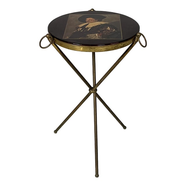 Mid-Century Modern Italian Coffee Table in Brass and Wood Top with Portrait, 1950s For Sale