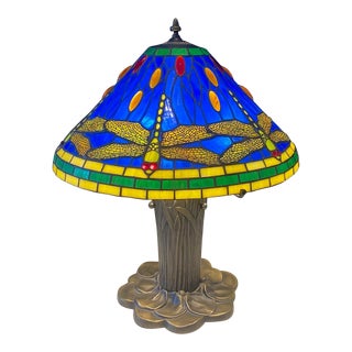 Tiffany Style Art Nouveau Bronze Dragonfly Table Lamp For Sale
