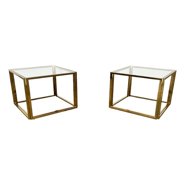 Hollywood Regency French Brass and Glass Cube Side Tables from Maison Charles, 1970s, Set of 2 For Sale