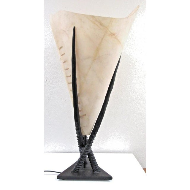 Textile Vintage Large Italian Gemsbok Horn Triangle Base Cone Shade Table Lamp For Sale - Image 7 of 12