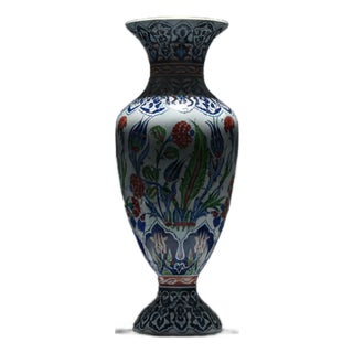 Handmade Ceramic Palace Vase (50cm) Stylized Red Roses and Rumi Borders Pedestal Urn For Sale