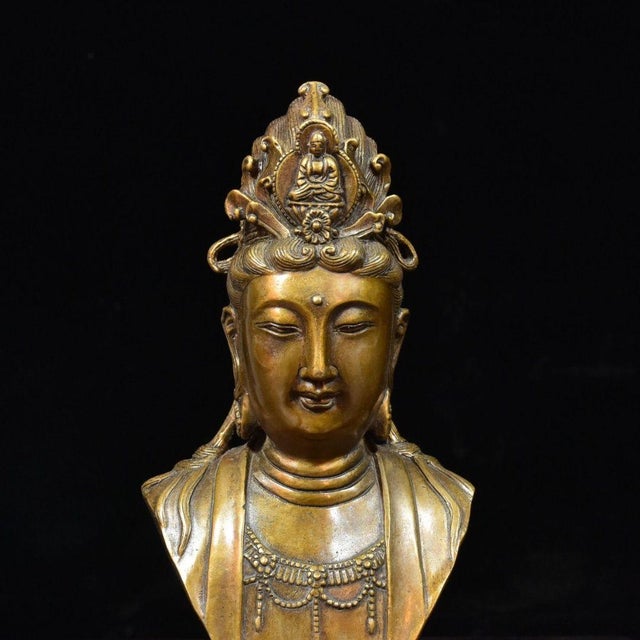 Vintage Gilt Bronze Guanyin Bust | Chinese Buddhist Altar Sculpture With Crowned Amitabha For Sale - Image 9 of 10