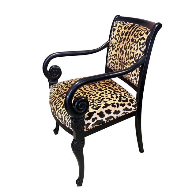 Elegant Vintage French Style Black Lacquer Wood Armchair W/Animal Print For Sale - Image 9 of 9
